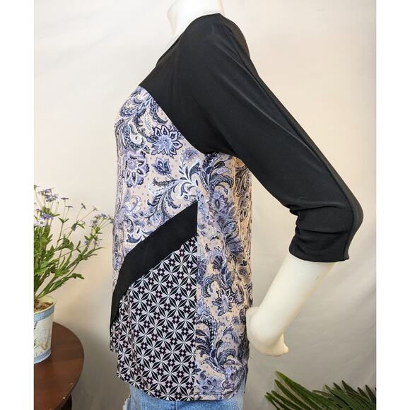 Roz & Ali Top Blouse Petite Small Purple Paisley Black Colorblock Stretch Boho - Picture 3 of 9
